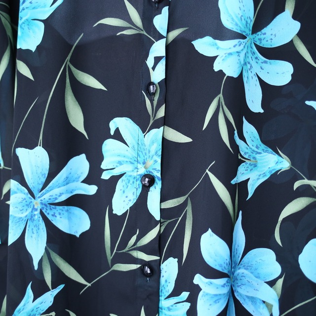 blue flower art pattern super over silhouette see-through shirt