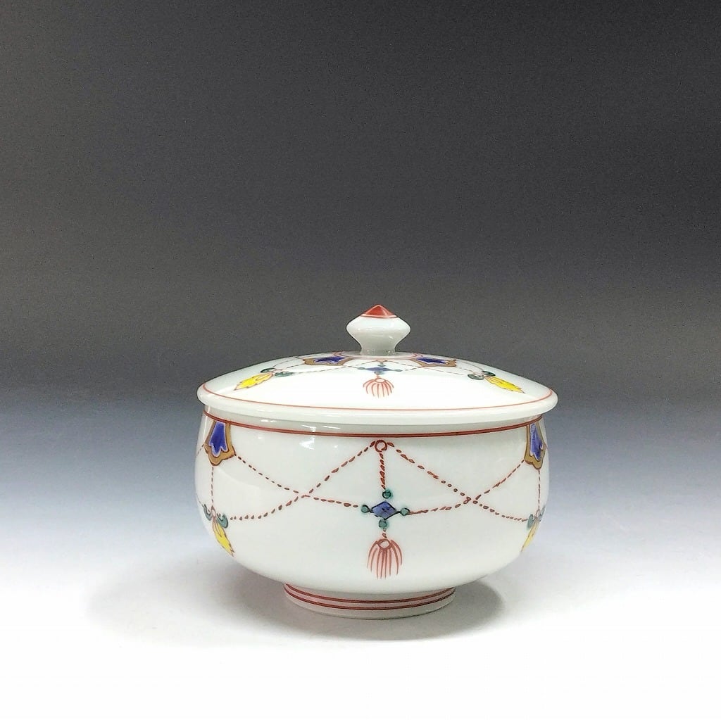 名窯 清水焼｜Kiyomizu ware( 京都 ) 手描き赤絵 瓔珞文 蓋茶碗 / 湯