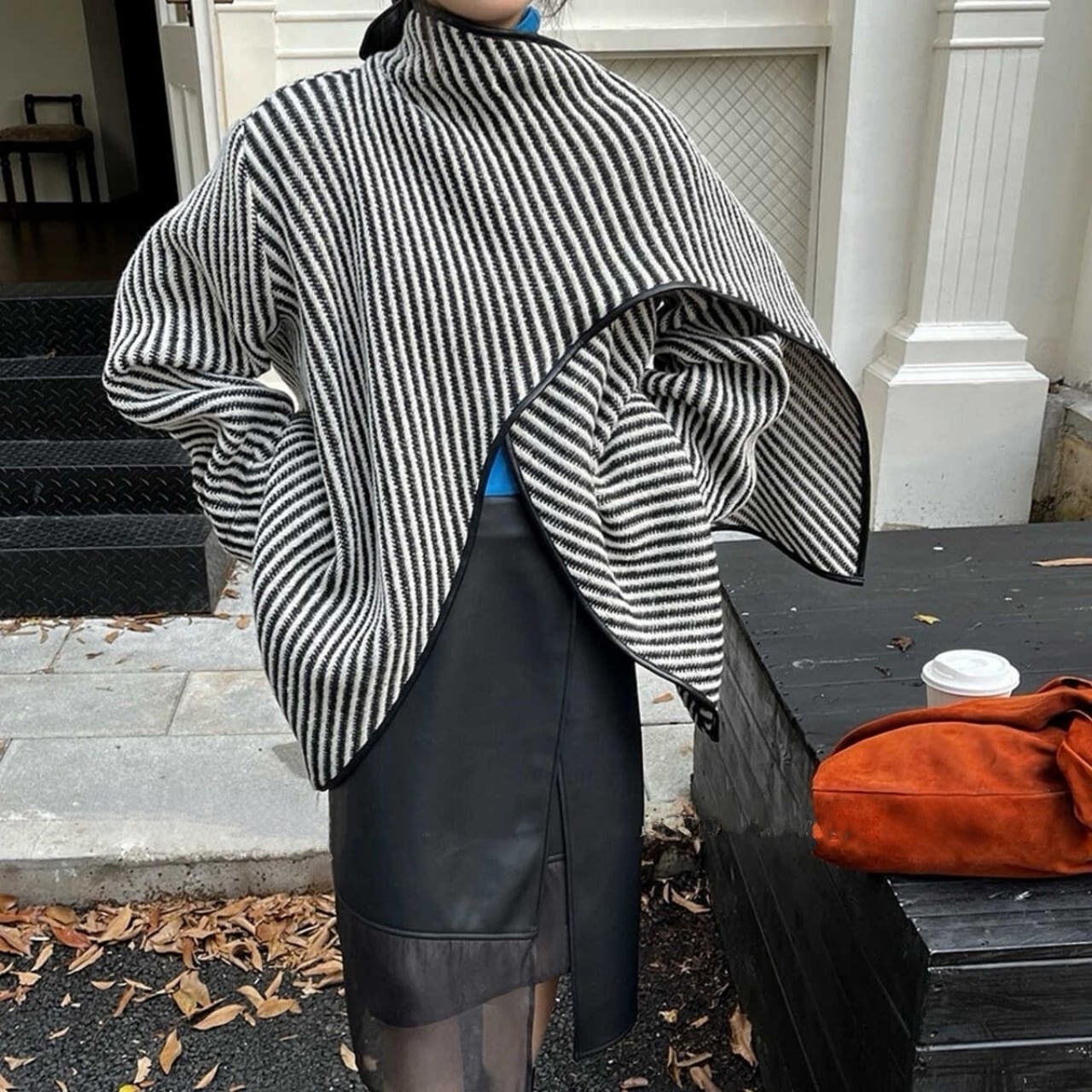 Asymmetrical Striped Shawl Coat 00861