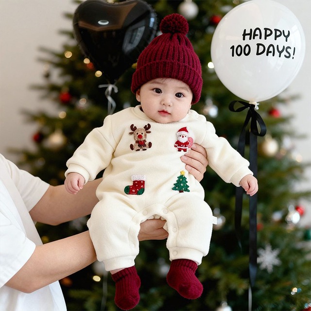 【BABY&KID】クリスマス柄ボアライナー付きロンパース