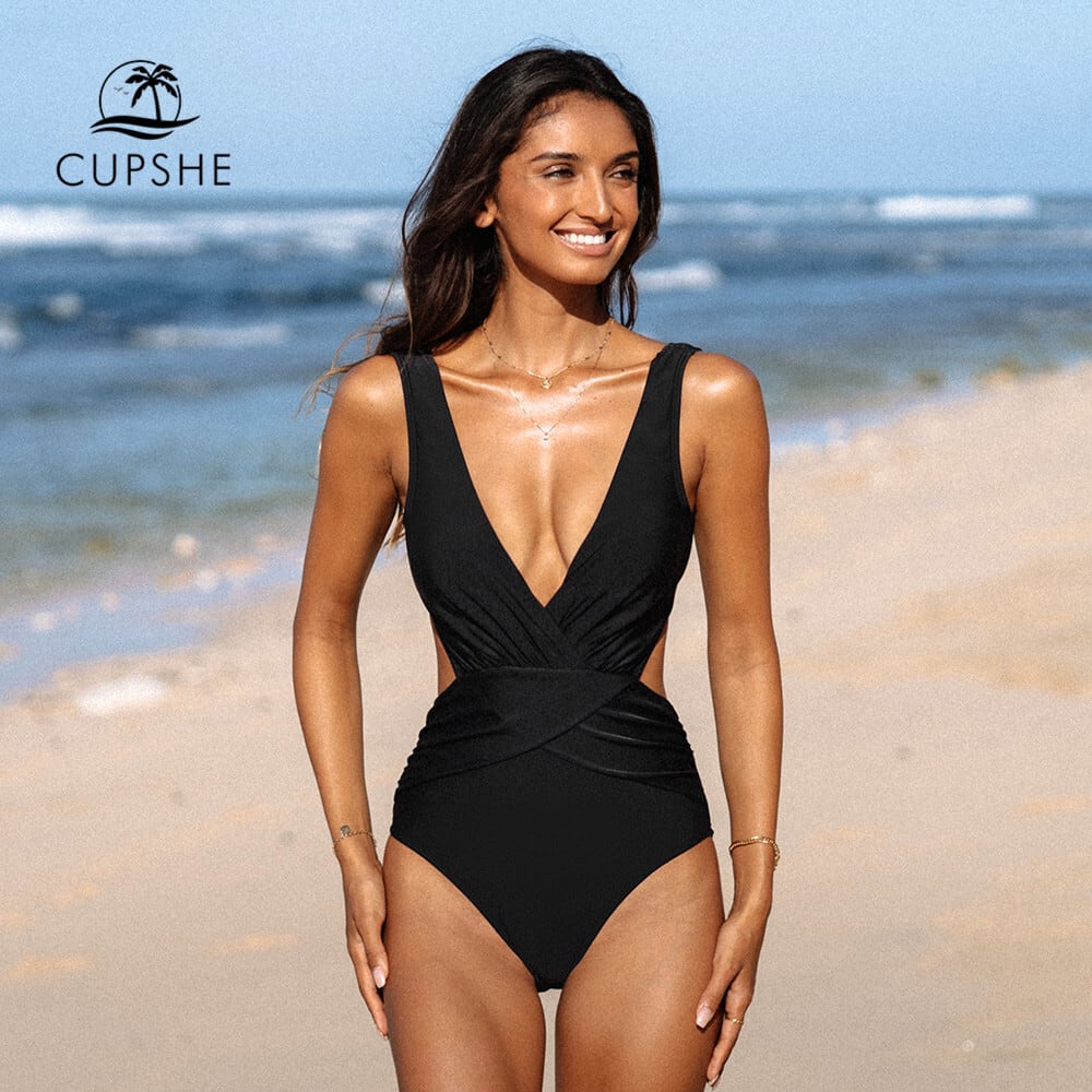 【関税送料込】CUPSHE カットアウト ワンピース 水着 送料無料 CUPSHE プランジカットアウトワンピース水着女性黒の