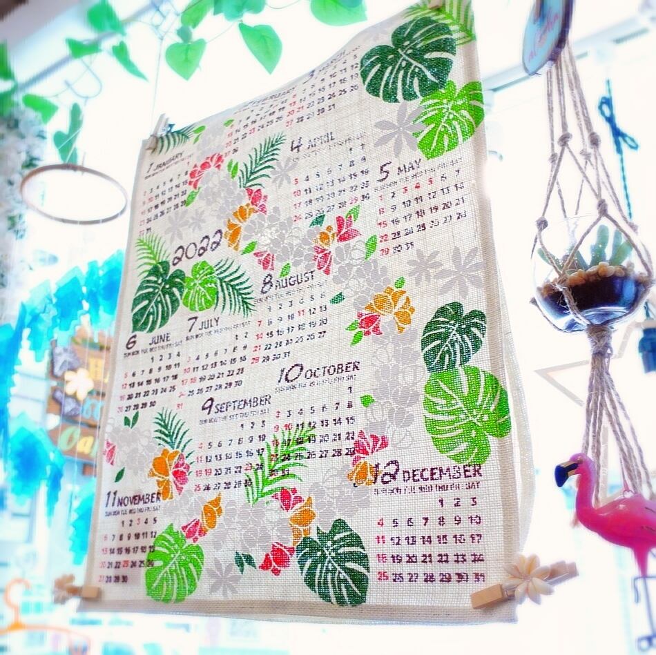 22ジュート ポスターカレンダー プルメリア トロピカル ハワイ 壁掛け Whatsupkobe