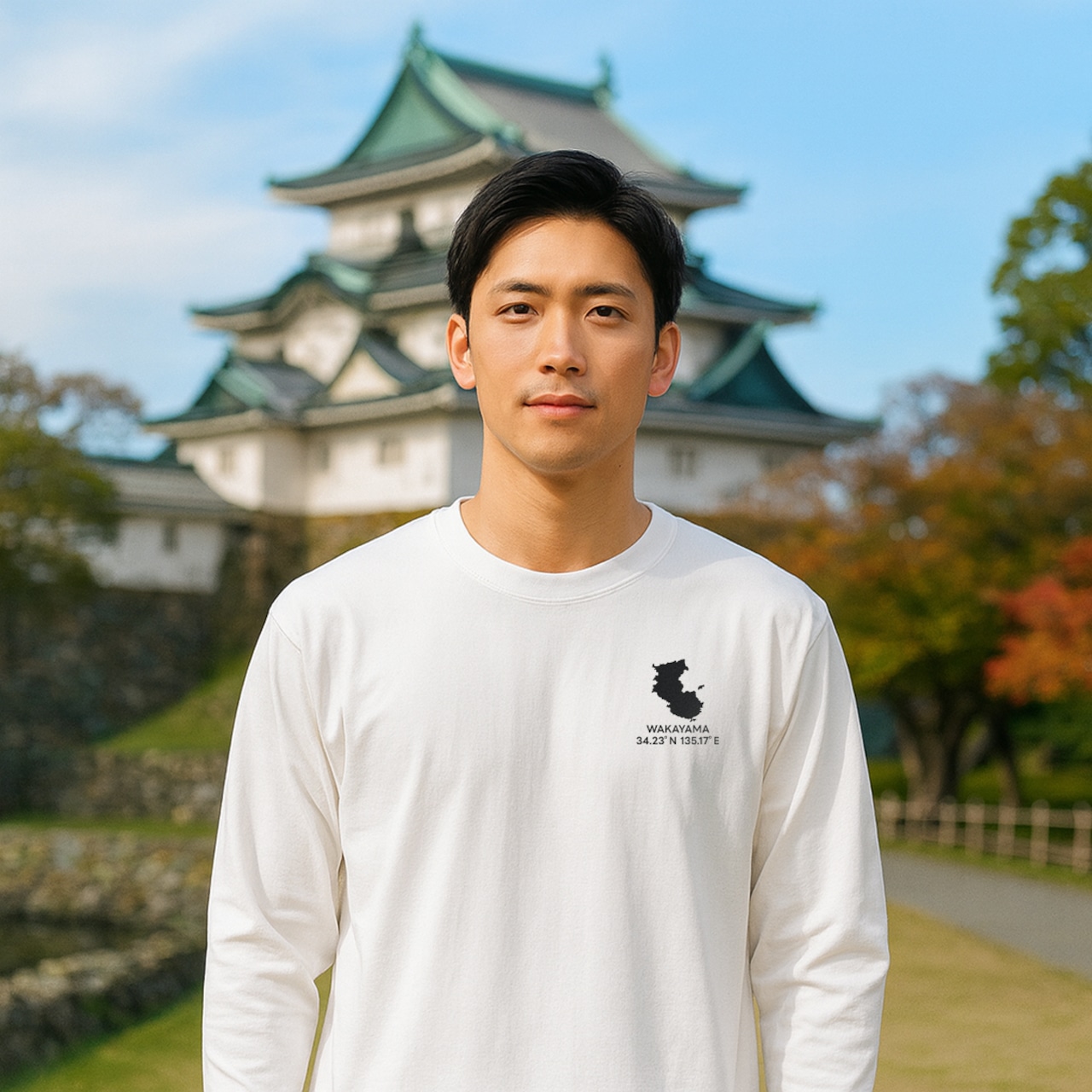 《和歌山》 緯度経度ミニマルロングスリーブTシャツ|地図×地名×ワンポイントデザイン