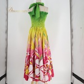 フラダンス 衣装 ALOHA STANDARDS アロハスタンダード ワンピース ドレス グリーン系 プルメリア柄 花柄 植物柄 ハワイアンプリント ハワイアン アロハ フラ ダンス レッスン 練習 ハワイアンダンス リボン フレアスカート フリル イエロー系 ピンク系 ホワイト系 黄緑 黄 ピンク 白 華やか 鮮やか