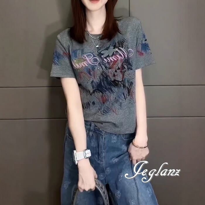 Tシャツ トップス ロゴ 袖プリント ラウンド カジュアル派 (MA428)ρ