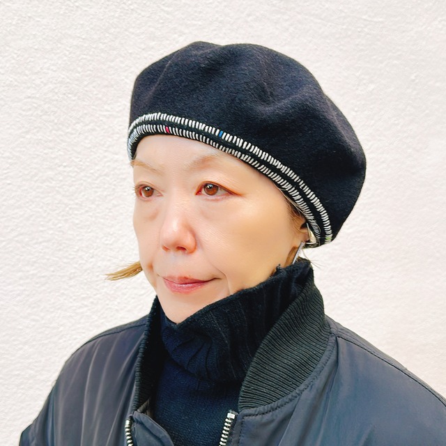 Wool beret / black ： ウール ベレー ブラック　帽子　ハンドステッチ　