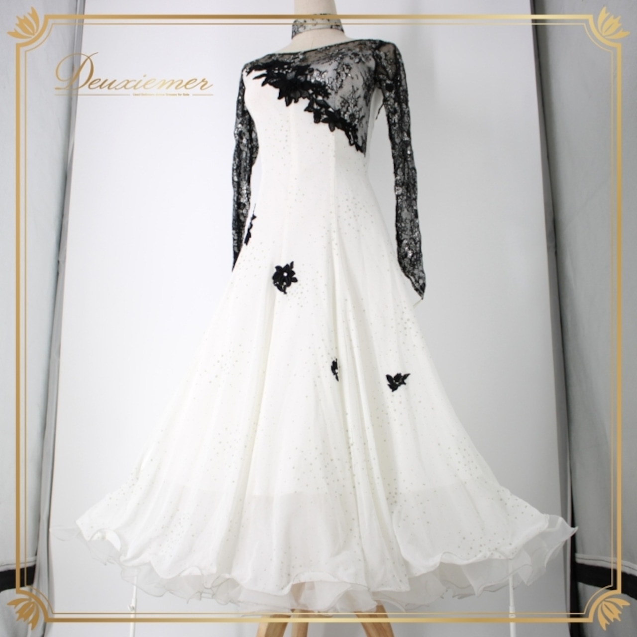 社交ダンス 衣装 スタンダード ドレス ワンピース パーティ衣装 オールシーズン Coval 白 黒 ブラック系 ホワイト系 チョーカー レース 長袖 フロート 派手 フラワーレース シルエット ふんわり 飾り スカート 薄手 おしゃれ 高級感 大人 おすすめ ドレスアップ 結婚式 二次会 バレエ 練習 着心地 快適