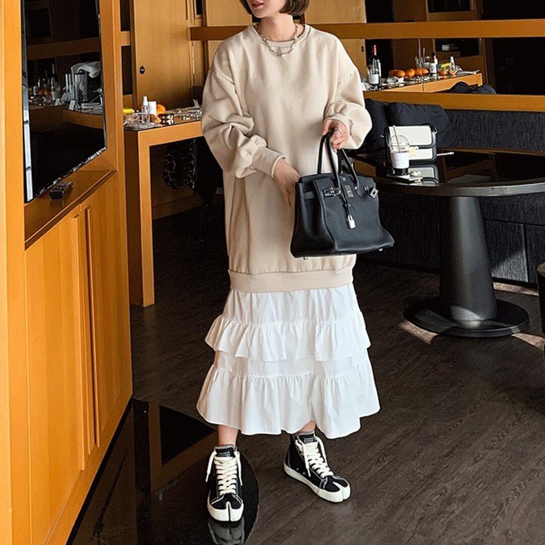 トレーナーXフリルスカート ドッキングドレス〈2カラー サイズF