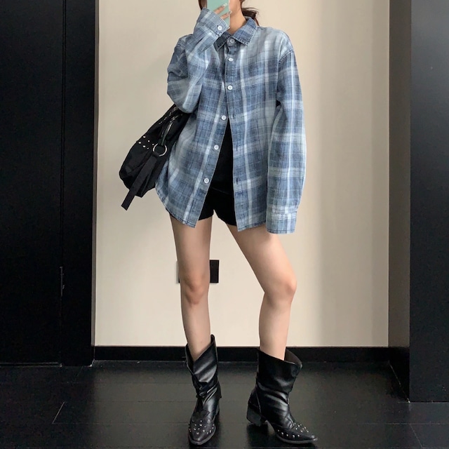 blue faded check shirt　ブルーフェードチェック柄シャツ　J2142
