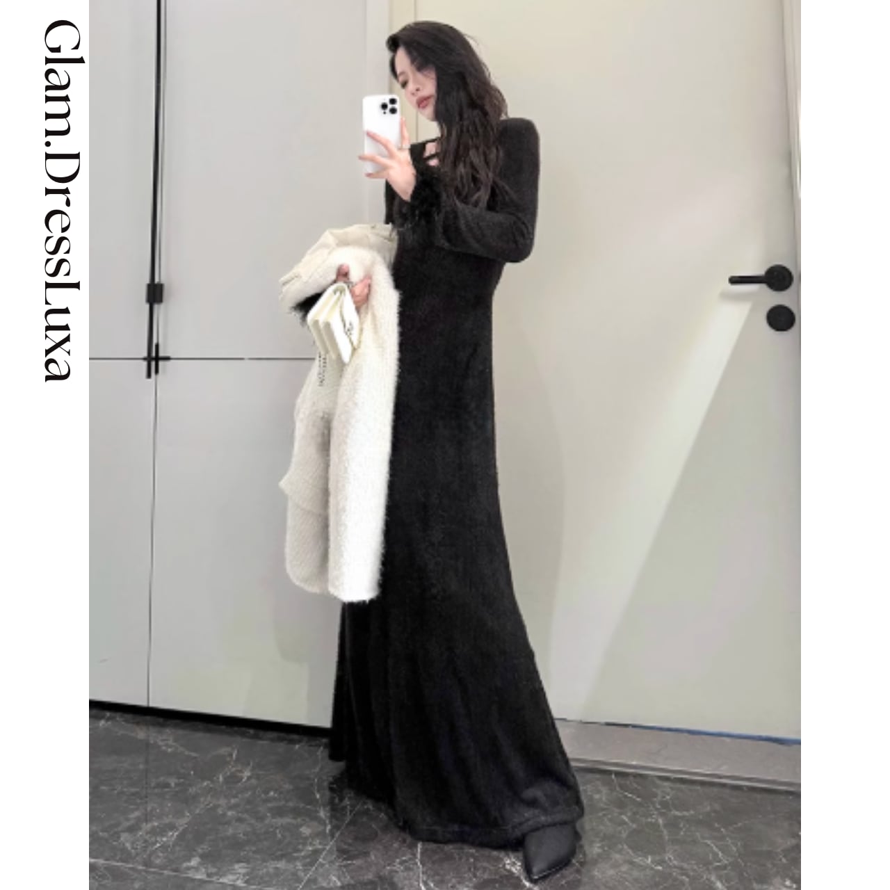 ファーカフス シャギーニット ドレス_W821