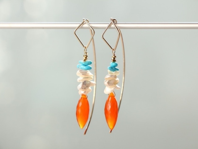 14kgf-carnelian × turquoise hook pierced earrings