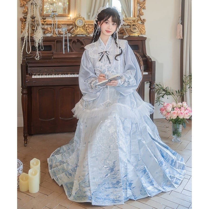 中華ロリータ｜水色刺繍漢服4点セット（白×水色）お茶会・撮影会