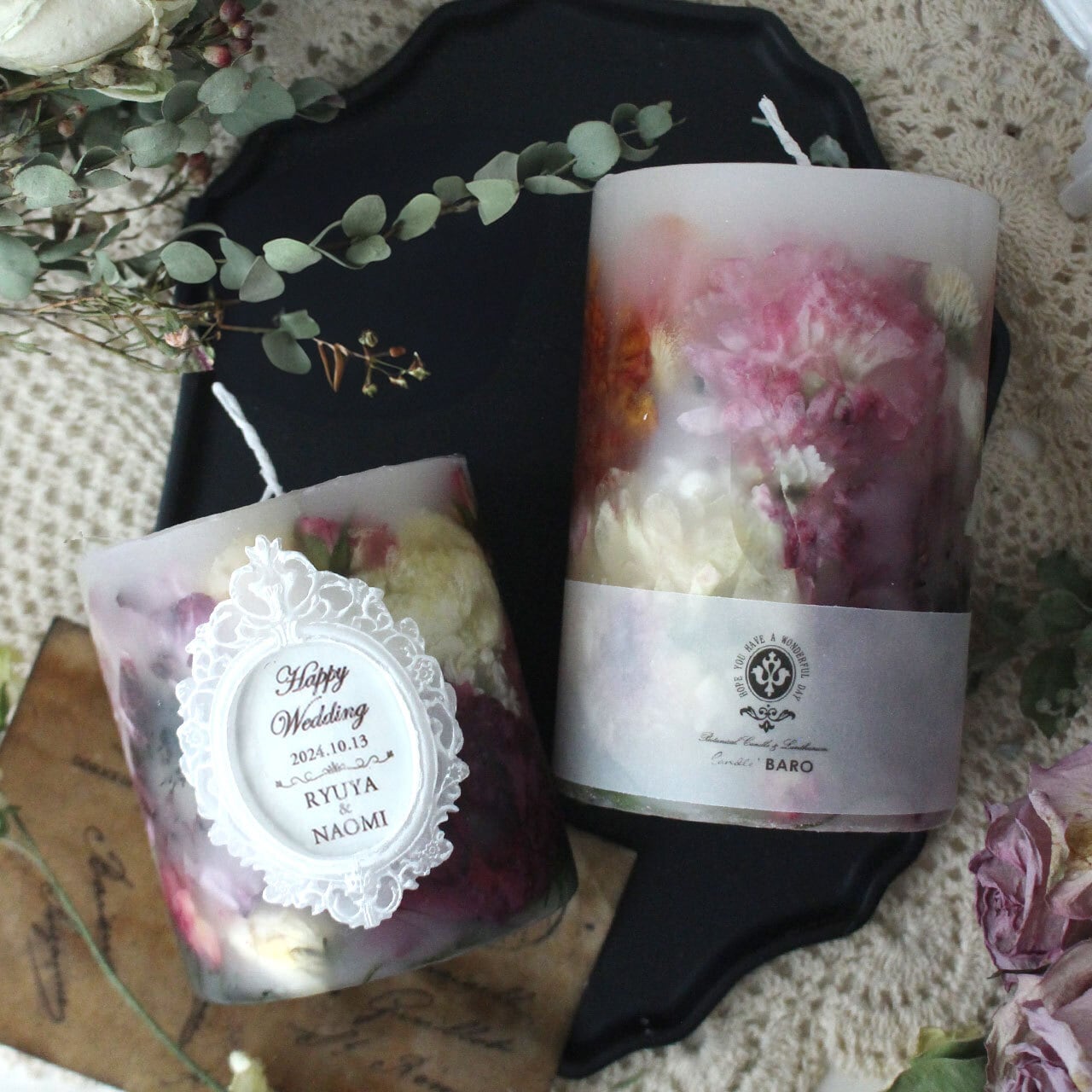 お客様専用お手続きページ【アフターブーケ】ボタニカルキャンドル2点セット　日付やお名前が入れられる　結婚式・プロポーズ・記念日の花束をランタンに