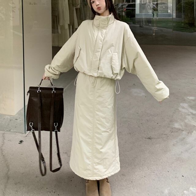 中綿　ダウンジャケット　セットアップ　長袖　スカート　サイズL ホワイト　秋冬 予約販売】セットアップ レディース スカート ロング丈 長袖 ダウン