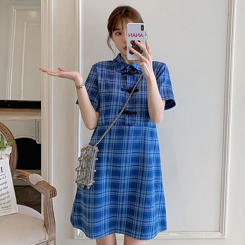 【新作】【送料無料】 マタニティウェア2020夏の新しい格子縞のチャイナドレスディスクボタンラペルドレス、年齢を減らすミドル丈のマタニティスカート サマー 夏物 expec217755481159