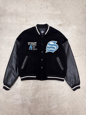 90s OLD STUSSY/BIG 4/Varsity Jacket/USA製/紺タグ/S/スタジャン/刺繍ロゴ/ブラック/ブル－/ステューシー/オ－ルドステューシー