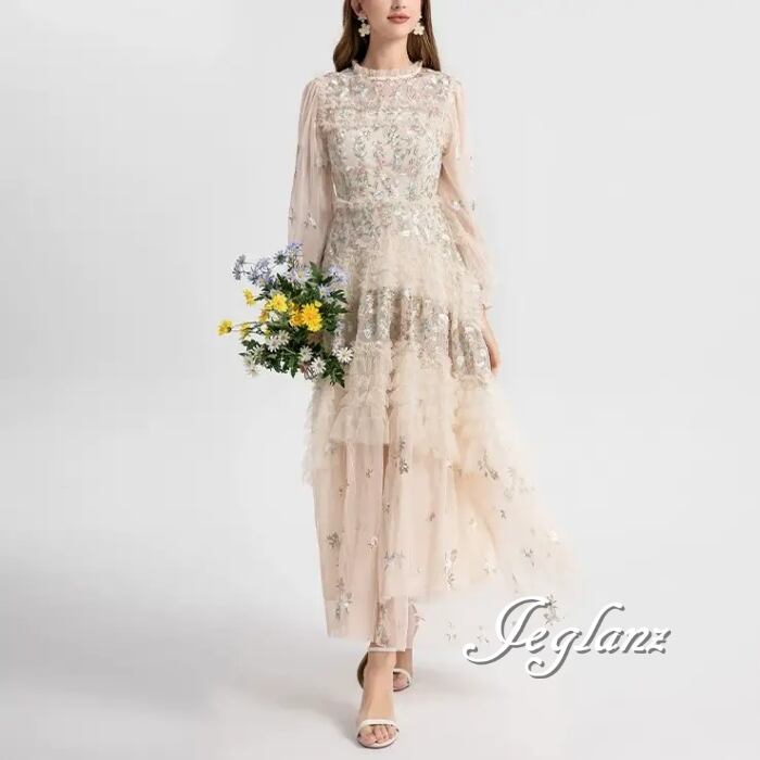 シアー 花柄 ワンピ 長袖 ドレス 刺繍 レース レイヤード フリル (MC352)ζ☆