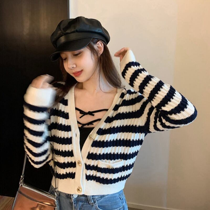 ショートニットセーター スリムVネックストライプトップス スプリングカーディガンジャケット 春物 YY-ファッション7002463889