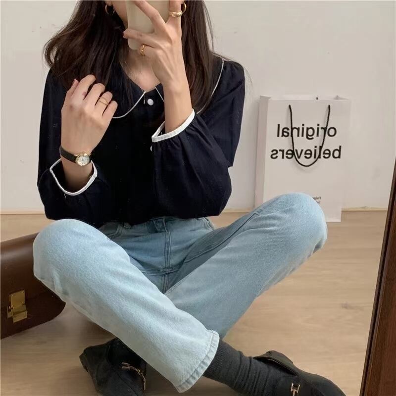 配色パイピング丸襟ブラウス　AJ1079-6027