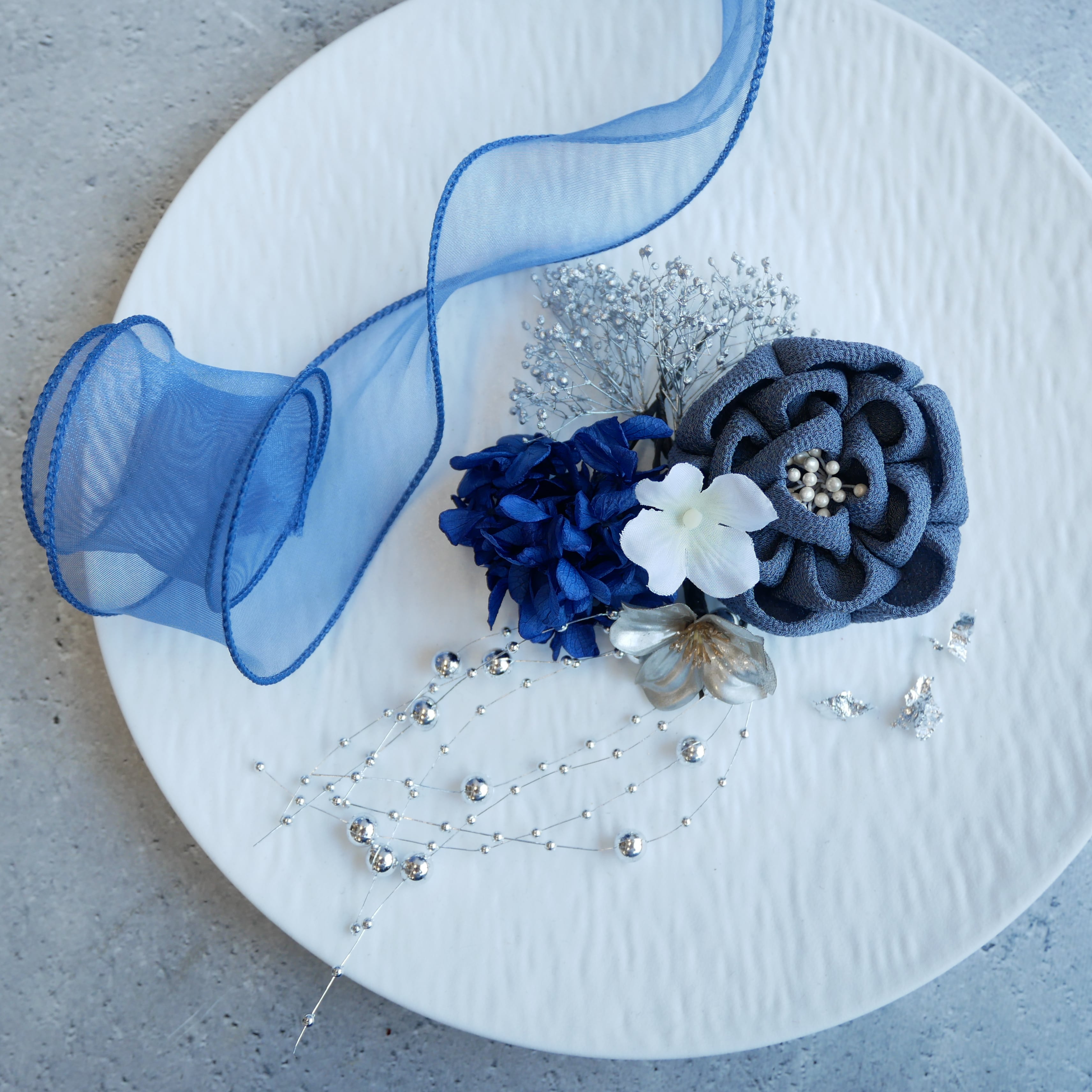 A469 つまみ細工 ドライフラワー 髪飾り 青 成人式 前撮り 卒業式 結婚