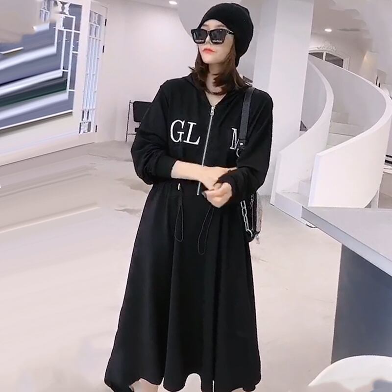 2020年秋新しいプラスサイズの女性の脂肪mm年齢削減痩身軽い成熟したスタイルのフード付きレタードレス秋 ミックスインファッション30376016609