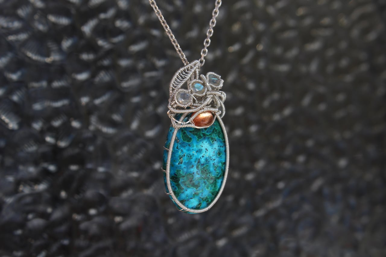 Chrysocolla malachite & Sunstone & Labradorite silver925 wire wrapping pendant