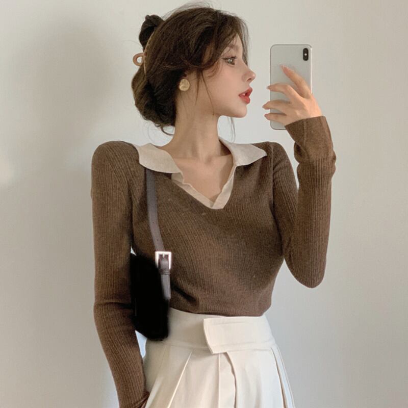 スプリングカラーフェイクウールセーター トップス スリムショート長袖スリーブシャツ レディース ロング 春物 ファー YY-ファッション27531672713