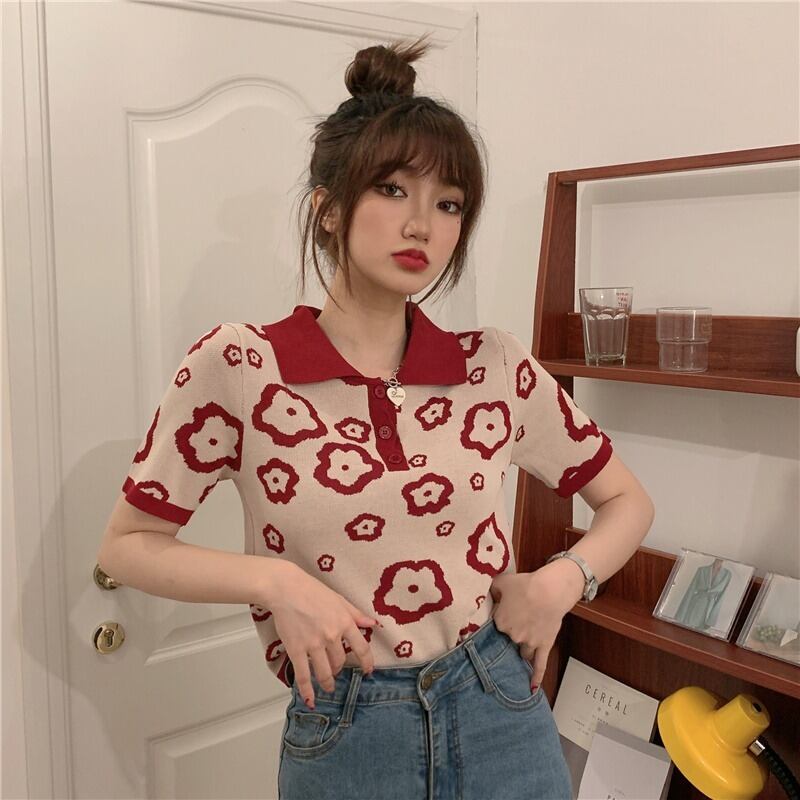 スタイルカラールーズ薄手ニットセーター ブラウス レディース フラワーデザイン ハンチェンe60111814883