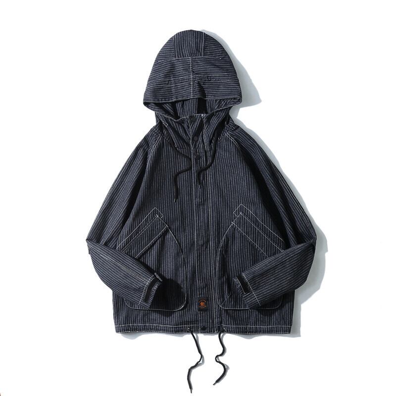 【新作】【送料無料】 Clothes Road Vintage Spring ese Retro Striped Men's Workwear Jacket Hooded Loose Ins TrendyJacket-アリババ レトロ スプリング 春物 ストライプ ビンテージ hip6-161142455179424