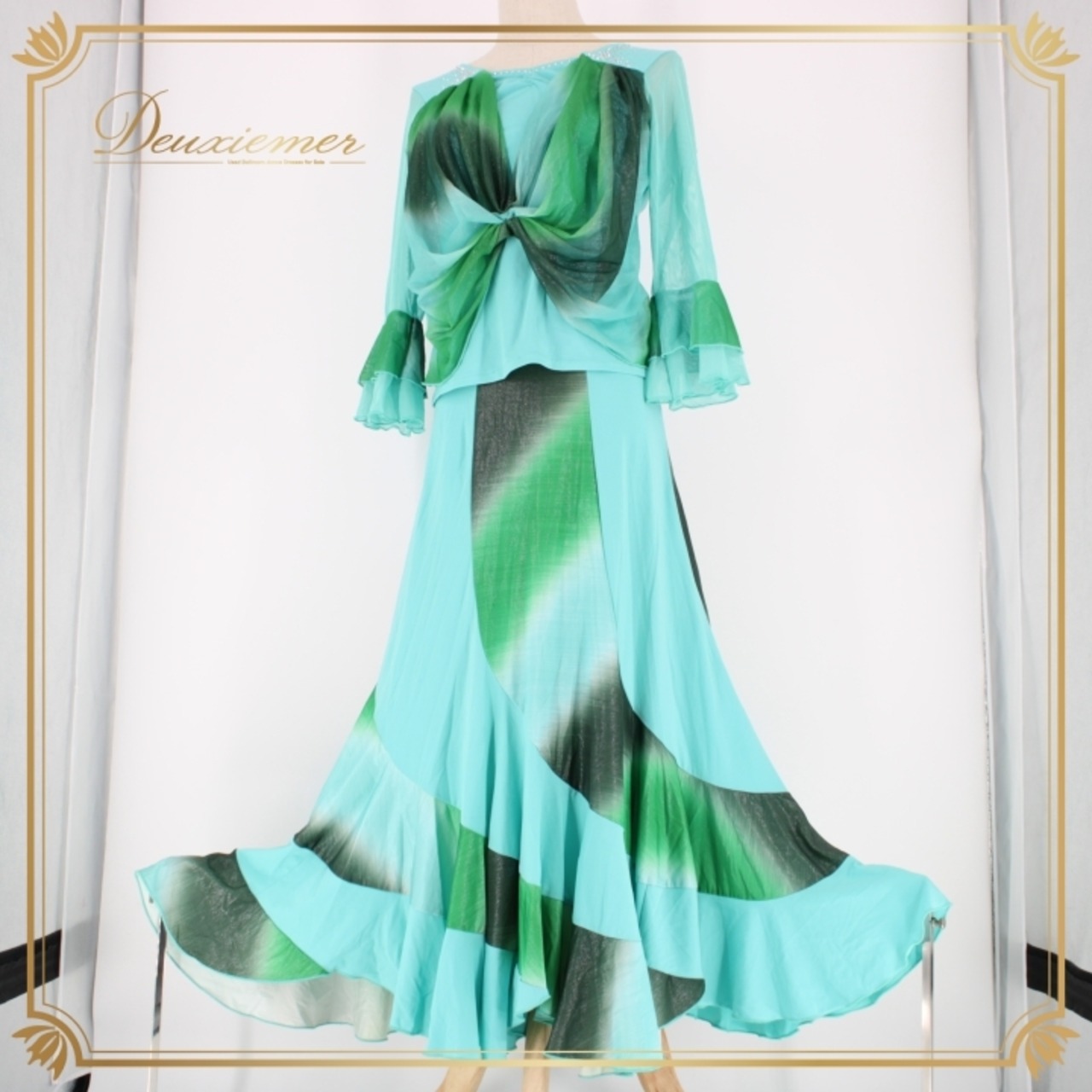 社交ダンス 衣装 スタンダード 上下セット ツーピース レッスンウェア パーティ衣装 オールシーズン グリーン系 ライトブルー系 水色 緑 爽やか スカート トップス フルレングス 伸縮性あり おしゃれ デザイン ラインストーン ドレス 体型カバー ヘルシー カジュアル フェスティバル パフォーマンス レディース お出かけ 着心地良い 軽やか ブラウス セットアップ セクシー 宴会 服飾 お洒落