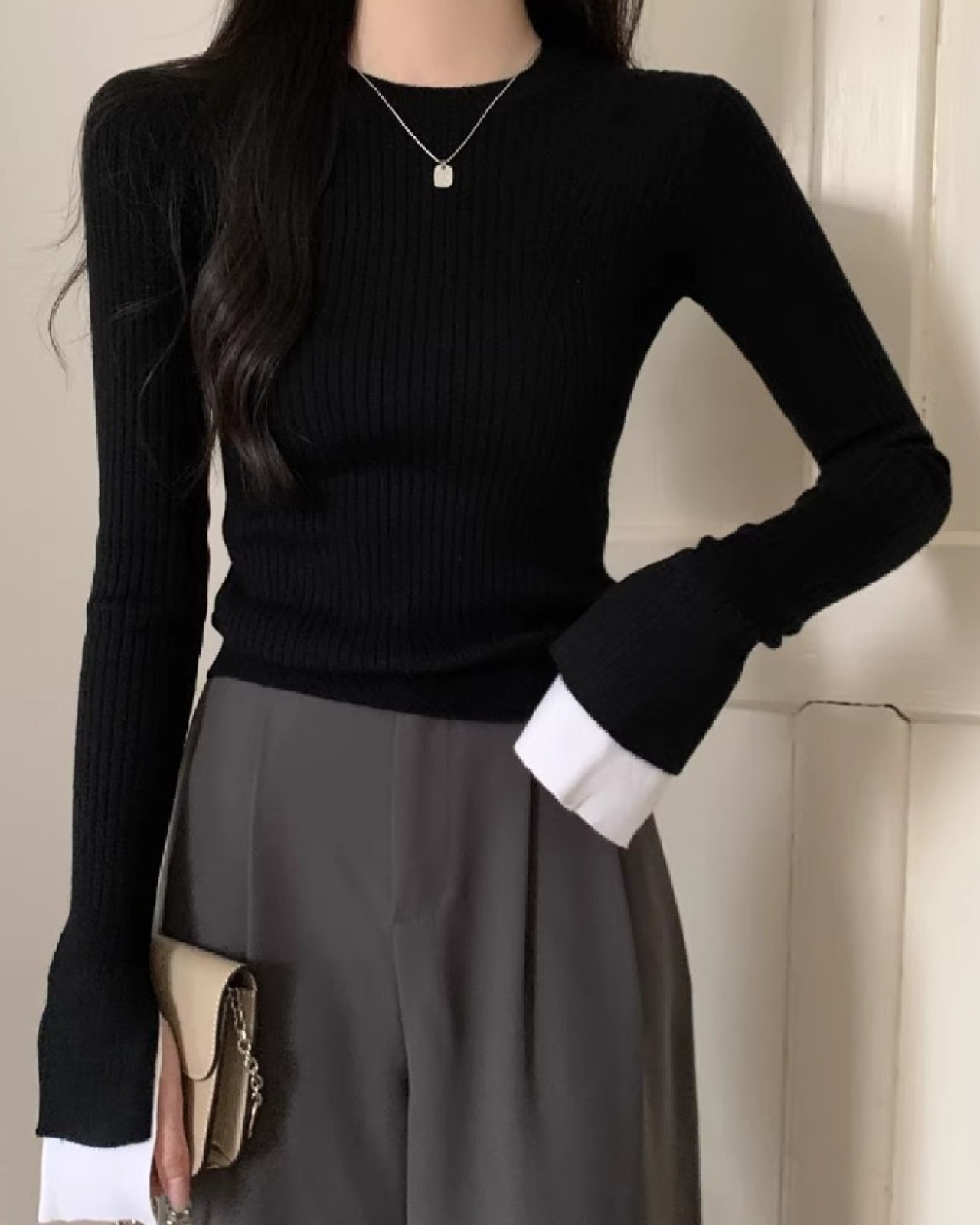 フレアスリーブ クルーネック リブニット 2color A0834 - 1