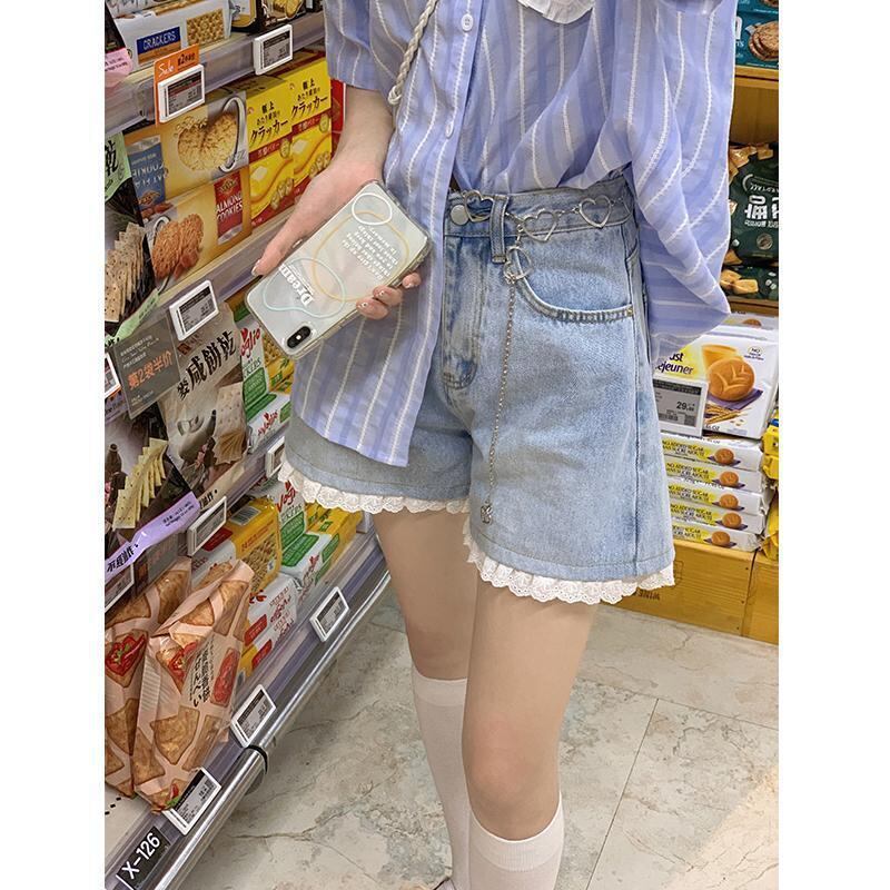 【新作】【送料無料】 薄い甘いレースショーツ女性の 2021 夏の新ホットガールズハイウエストスリムワイドレッグジーンズホットパンツ 0345058890823