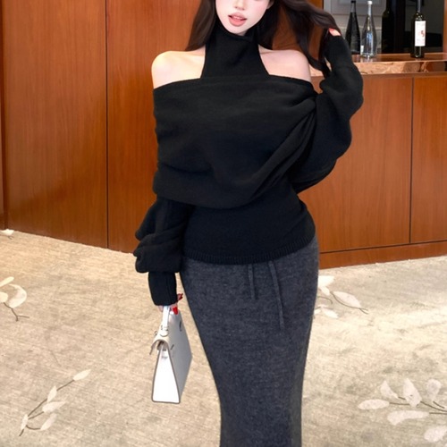 【2点セット】ベアバックハイネックノースリーブ＋ラップオフショルトップス ・13285