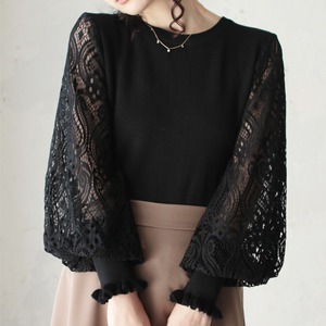 Lace‑spliced puff‑sleeve knit top (SN348)