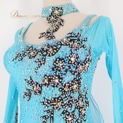 社交ダンス 衣装 スタンダードドレス ワンピース ドレス スタンダード フロート 水色 レース フリル ブラック 黒 デモ 競技 ダンス パーティ 発表会 ブルー系 ゴージャス 華やか デザイン フリルスカート 競技用 おしゃれ ステージ衣装 綺麗 優雅 ファッション ショー用 フロート