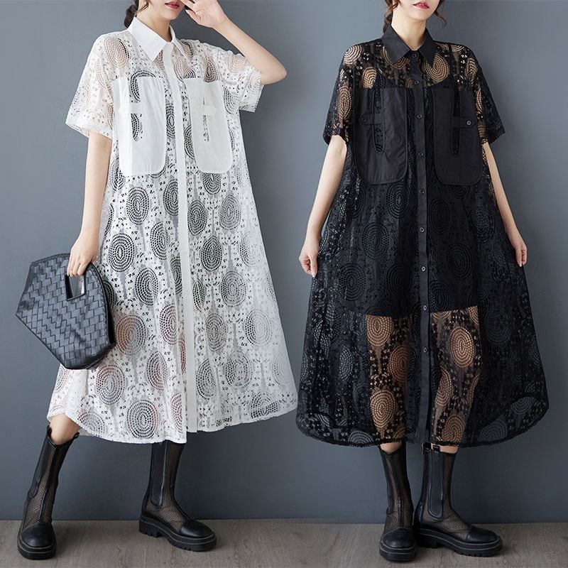 LACE HALF SLEEVES A-LINE MIDI SHIRT DRESS 2colors M-13003