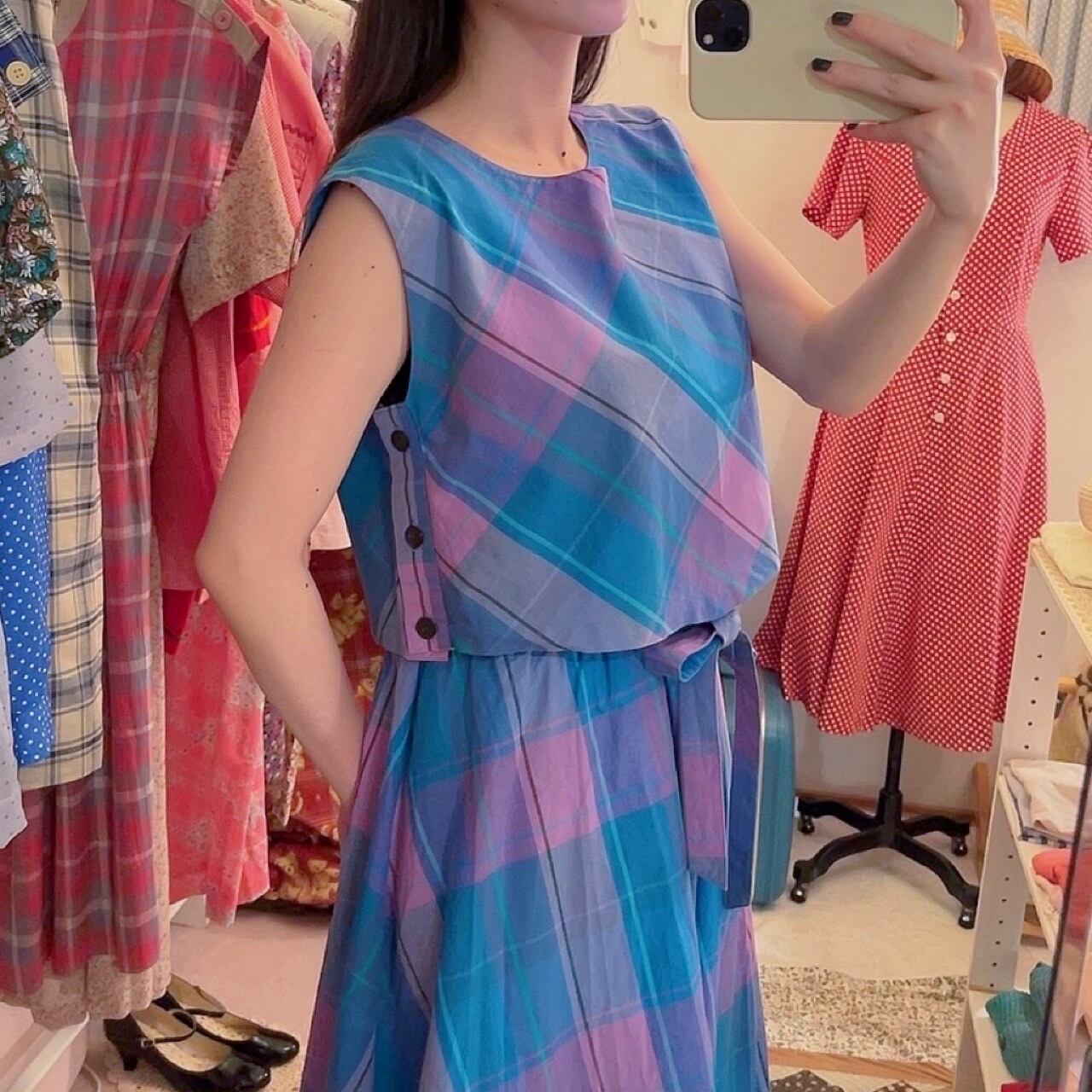 blue pink check ensemble one-piece