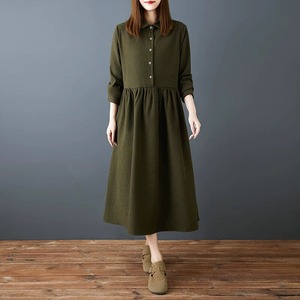 SOLID HALF BUTTON A-LINE MIDI SHIRT DRESS 2colors M-16364