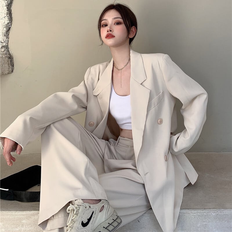 オータムスタンダードルーズジャケット レッドハイウェストカジュアルパンツ レトロ 秋物 ガールズファッション11512782860