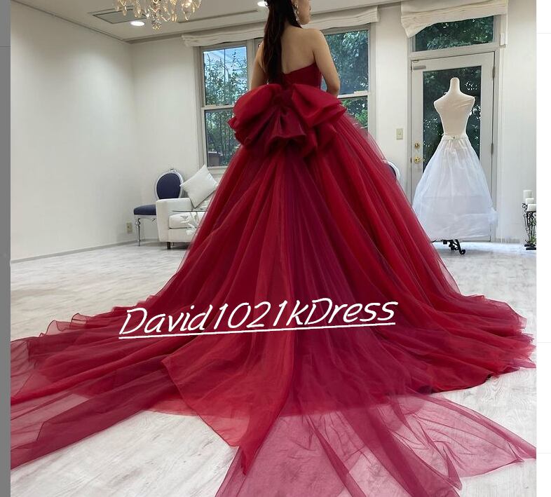 ボルドー色 カラードレス ソフトチュール ベアトップ 結婚式/披露宴 