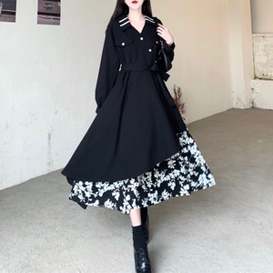 フェイクツーピースのレトロな花柄ワンピース 【MKOP61】