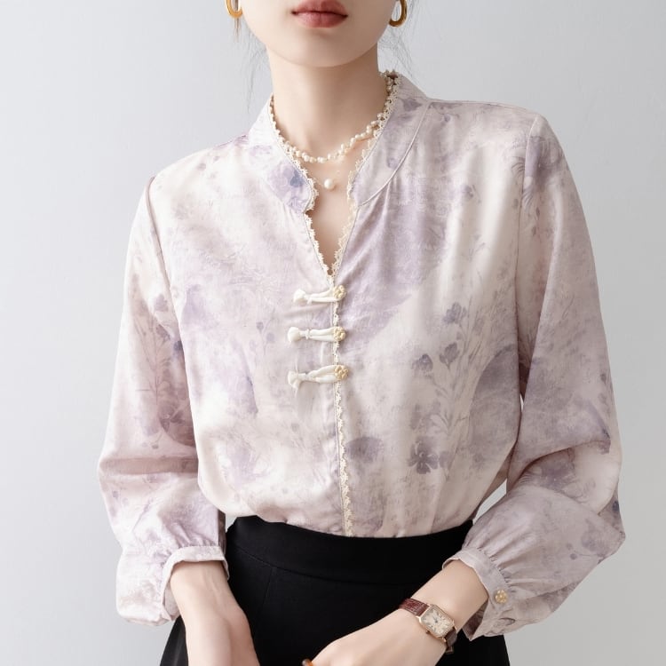 水彩花柄　チャイナボタンブラウス　YS00239