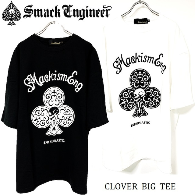 SMACK ENGINEER / スマックエンジニア「Rogia限定 CLOVER BIG TEE」ビッグＴシャツ オーバーサイズ 半袖 五分袖 ワンピース 黒白 ブラックホワイト クローバースカル ドクロ バックプリント 大きい メンズレディース PUNKROCK パンクロック バンド ギフト ステージ衣装 Rogia