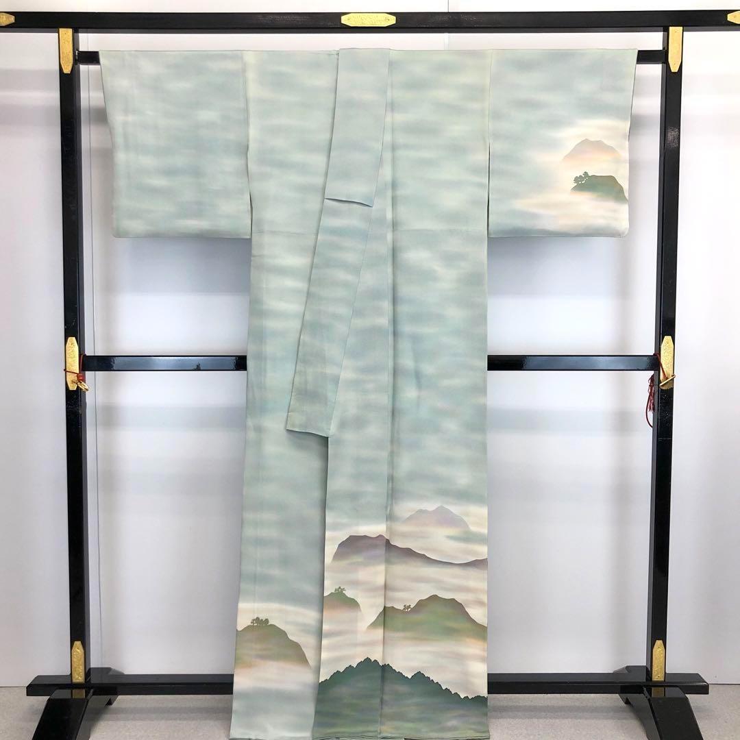 訪問着 本郷葵虹 虹染 遠山雲海風景 縮緬 トールサイズ 薄浅葱色 K 