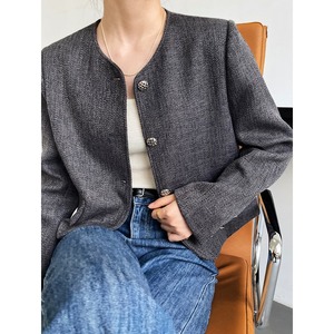 ラウンドネックツイードジャケット　ノーカラー　G0377