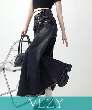 レトロデニムスカート ハイウエスト 韓国 オシャレ ロングスカート 切りっぱなし Aラインスカート 体型カバー フリンジ 着やせデニム ヴィンテージ風 パンツ スカート ベジー VEZY ItemNo.【20638893 】