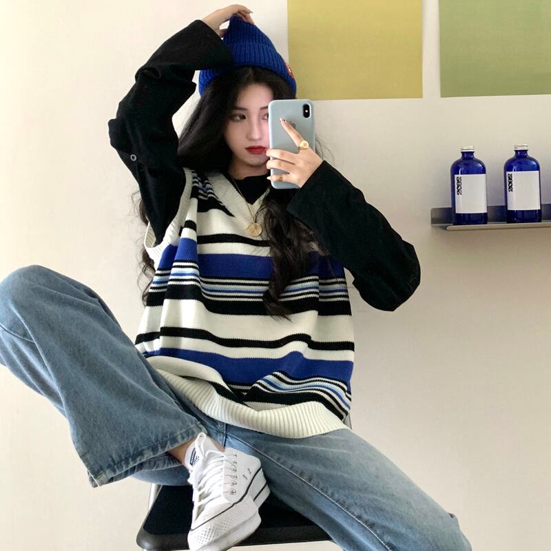 ストライプニットセーター レディースウィンタージャケット ルーズ 冬物 ブラックストロベリース15472505973