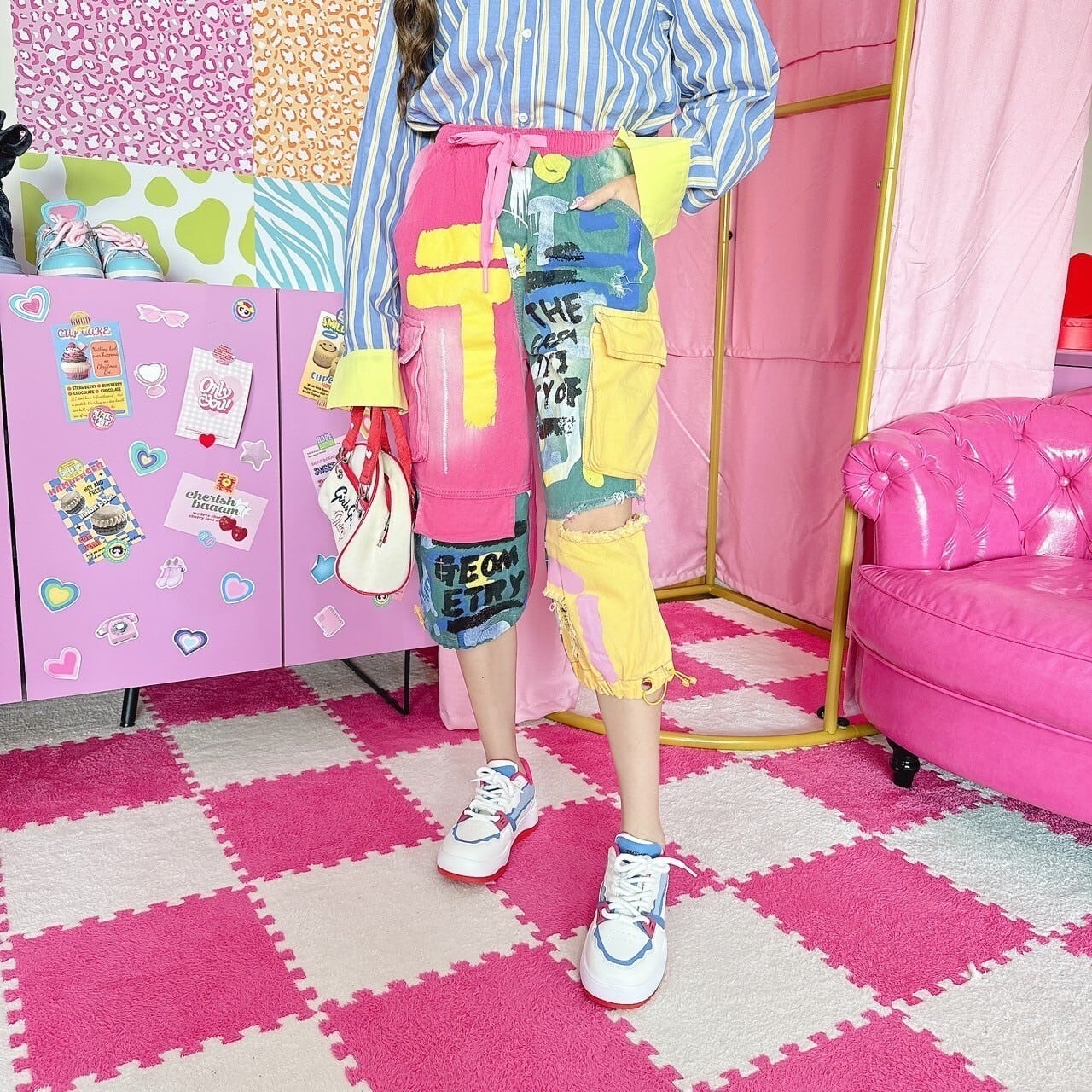 カラフルパッチワークカーゴパンツ/韓国/レディースファッション