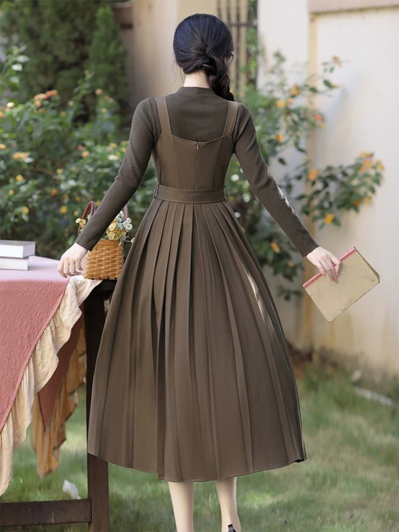 【0249】Waist Ribbon Pleats Long Sleeve Dress