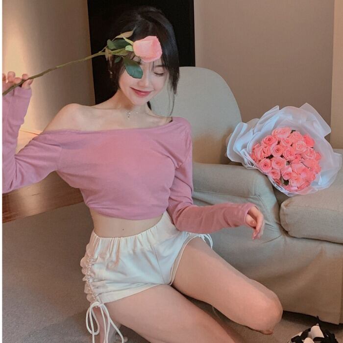 スプリングサマースタンダードストラップレスショートTシャツ ギャザーショーツ スタイルレディース レトロ 春物 夏物 ブルマー ドラファッションホール68780637088